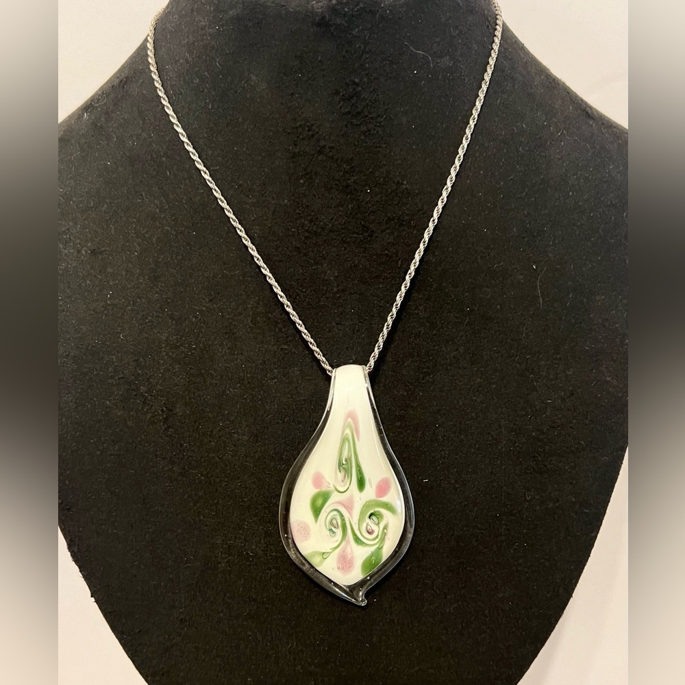 Hand Painted Vintage Murano Style Blown Glass Pendant 925 Sterling Italy Chain